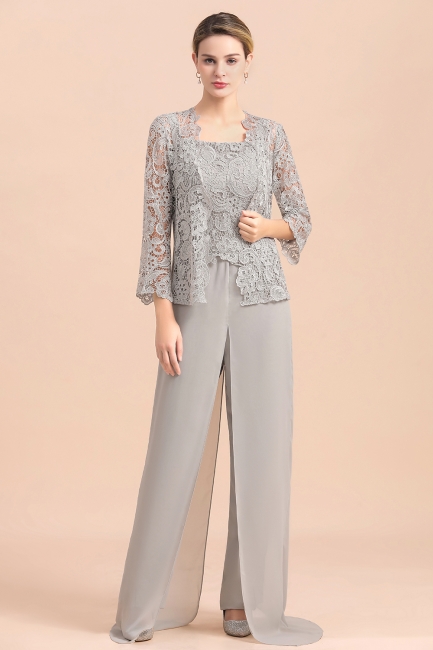 Modern Silver Chiffon Mother of Bride Pants Set with Lace Jacket