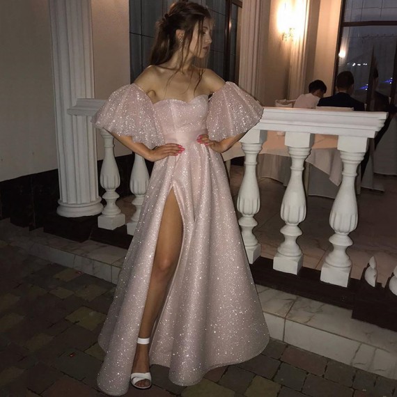 Stunning Off the Shoulder Puffy Length High Slit Prom Dresses