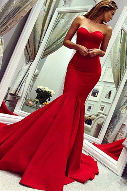 Red Sweetheart  Fit and Flare Backless Floor Length Mermaid Prom Dresses | Cheap Fitted Evening Dresses
