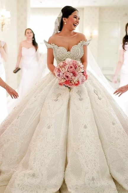 Luxury Off the Shouder Crystal Princess Ball Gown Wedding Dresses with Sweep Train