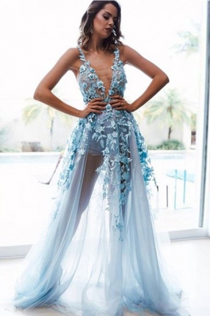 Straps Deep V-neck Sheer Appliques Blue Prom Dresses | Sexy Long Evening Dresses