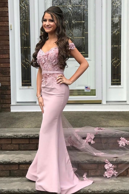 Elegant Off the Shoulder Dusty Pink Appliques Fitted Formal Prom Dress