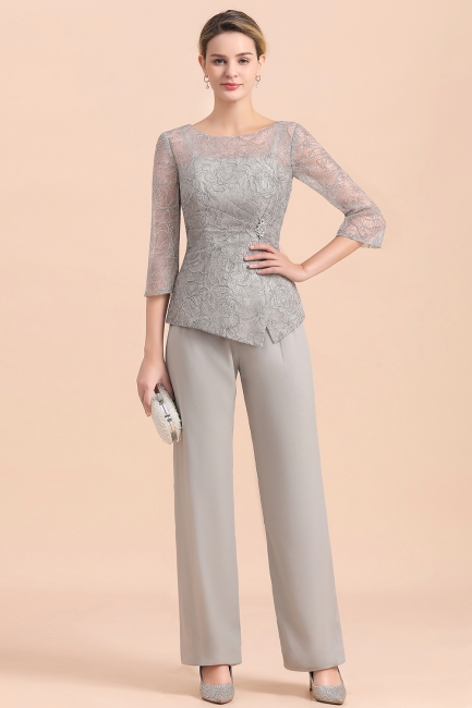 Gorgeous Grey Round Neck Half Sleeves Lace Mother of Bride Jumpsuits