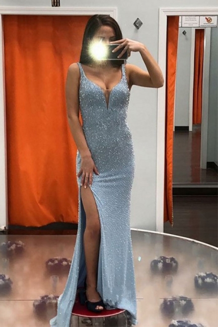 Straps Sweetheart Form-fitting Sequin Prom Dresses with Side Slit