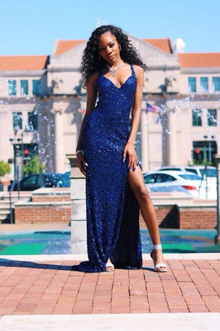 Navy Blue Straps Iridescent Sequin Prom Dresses with Side Slit