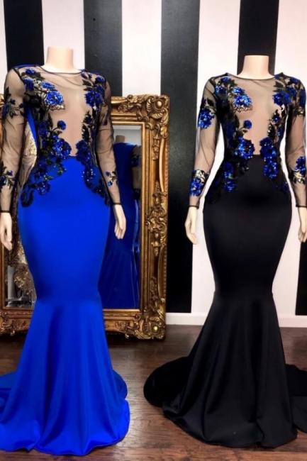 Jewel Sheer Top Long Sleeves Appliques Mermaid Prom Dresses
