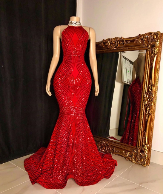 Halter Sleeveless Red Long Sequin Trumpet Prom Dresses | www ...