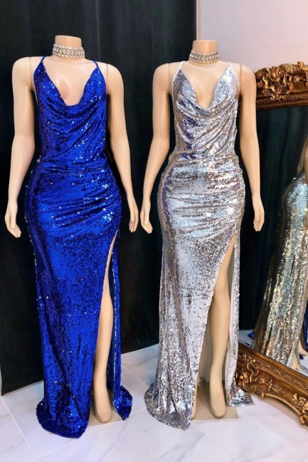 Spaghetti Straps Draped Neckline Sequins Long Prom Dresses with Side Slit