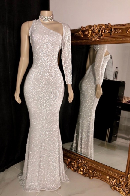 Glittering One Shoulder Floor Length Sheath Silver Prom Dresses