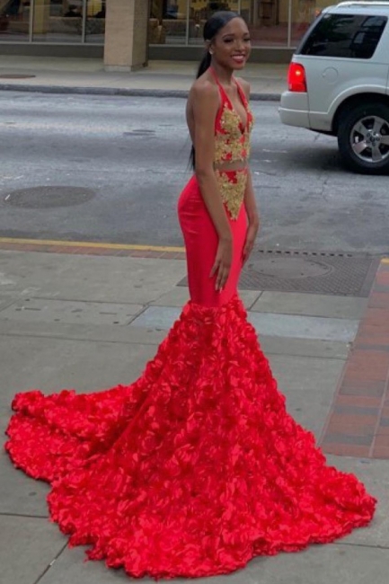 Sexy Two Piece Halter V-neck Red Mermaid Prom Dresses with Appliques