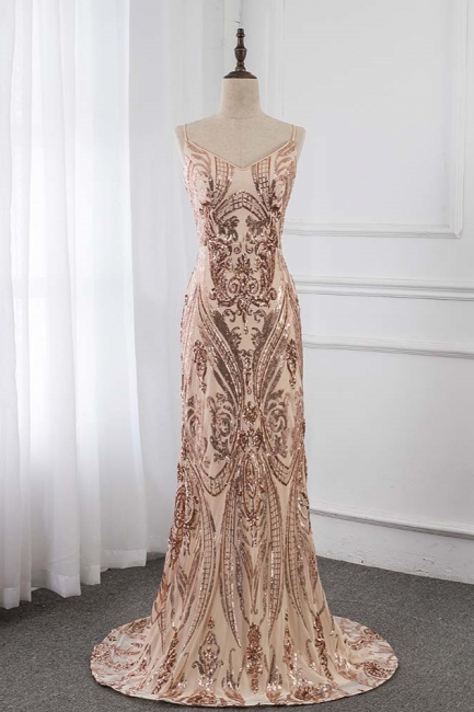 Spaghetti Straps V-neck Fitted Floor Length Sequined Prom Dresses