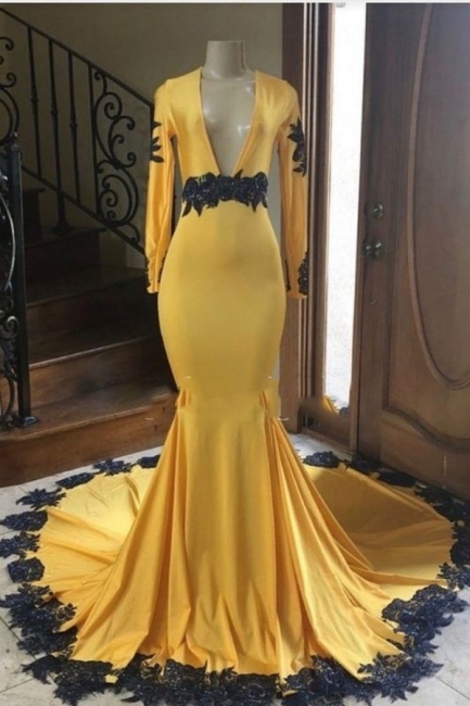 V-neck Lace Satin Yellow Mermaid Prom Dresses with Long Sleeves
