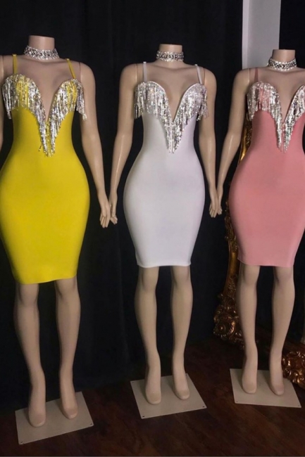 Hot Spaghetti Straps Sheath Sexy Cocktail Dresses with Fringes
