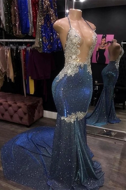 Spaghetti Straps V-neck Appliques Navy Blue Mermaid Metallic Prom Dresses