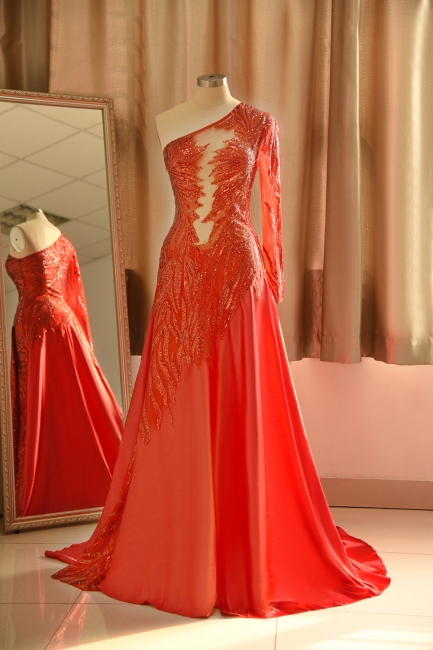 One Shoulder Sheer A-line Red Sexy Prom Dresses | Formal Evening Dresses