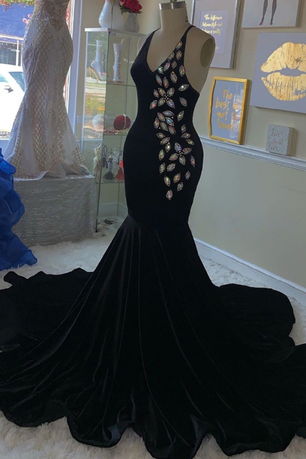 Spaghetti Straps V-neck Crystals Mermaid Velvet Black Prom Dresses