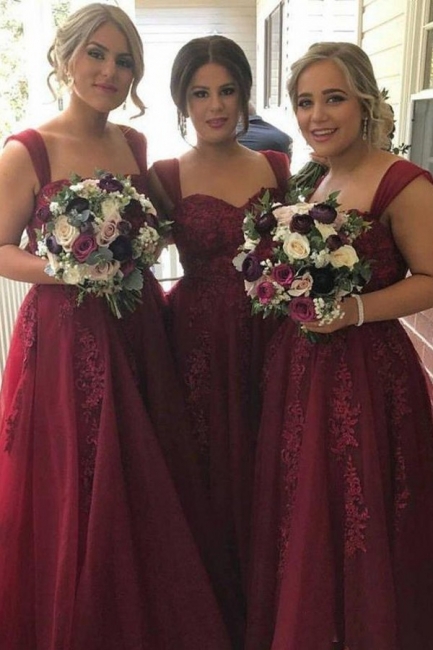 summer Straps Sweetheart Lace-Appliques Tulle Burgundy Bridesmaid Dress