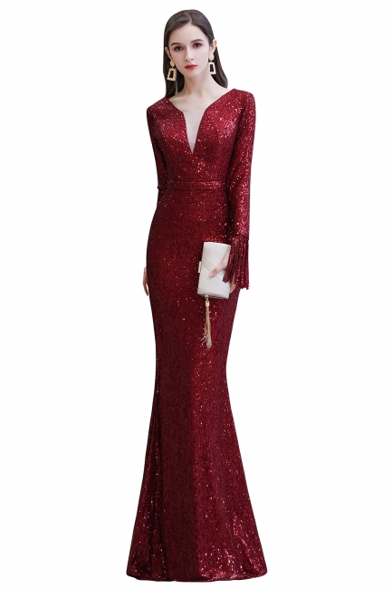 V-neck Long Sleeves Form-fitting Floor Length Burgundy Sequin Prom Dresses