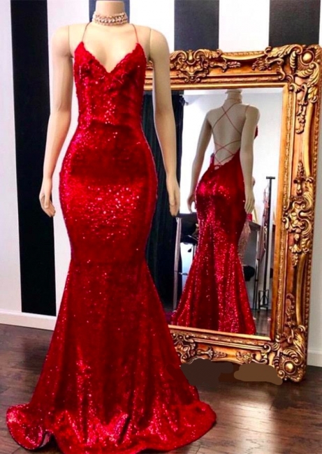 Sexy Spaghetti Straps V-neck Mermaid Sequin Red Prom Dresses
