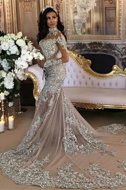 Luxury Silver Mermaid Wedding Dresses | Long Sleeves Lace High Neck Bridal Gowns