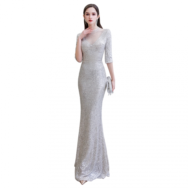 Women's Fashion Jewel Neck Half Sleeves Open Back Long Glitter Form-fitting Prom Dresses