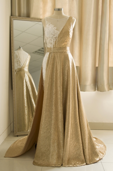 Jewel Sleeveless Lace Sequin Gold Prom Dresses | Design Formal Gown