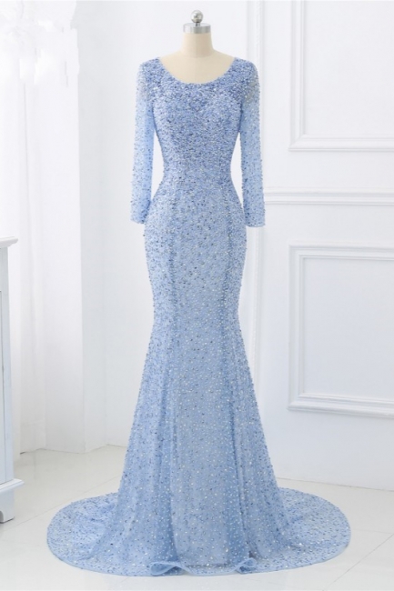 Elegant Light Blue Beaded Round Neckline Fitted Prom Dresses with Long Sleeves