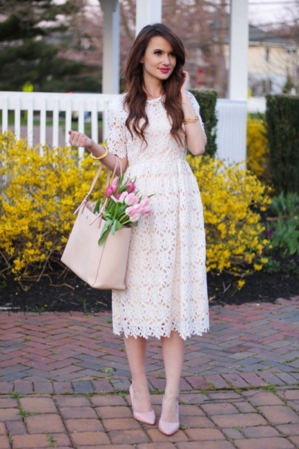 Jewel Short Sleeves Grace Midi Dresses for Spring Wedding Party