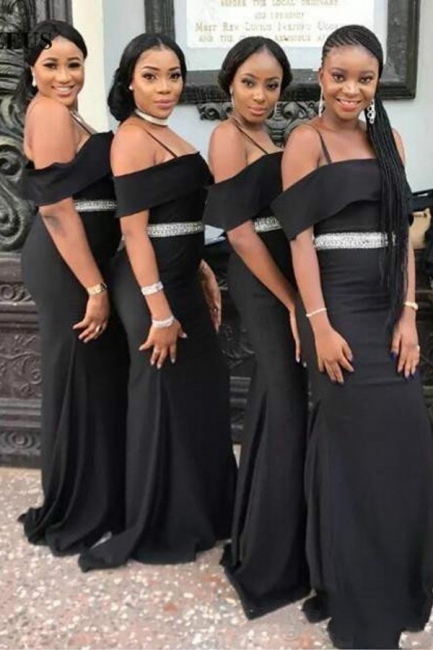 Chic Black Strapless Bridesmaid Dresses | Spaghettis Straps Beading Belt Wedding Party Dress