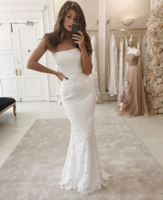 Modern Strapless FItted Lace Detachable Skirt Overlay Wedding Dresses ...