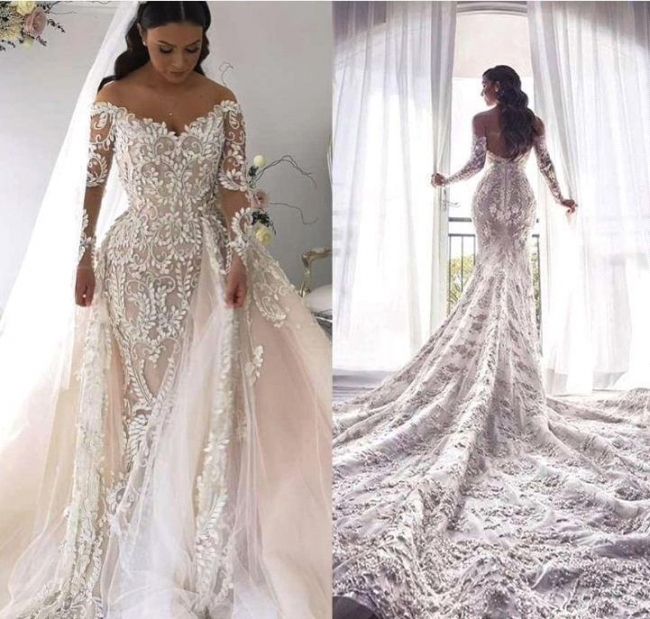 Long Sleeve Applique Detachable Skirt Mermaid Wedding Dresses | V Neck ...