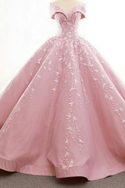 Classy Off-the-shoulder Floor-length Ball Gown Prom Dress With Appliques Lace
