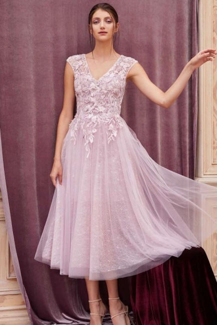 Elegant Wide Straps V-neck Ankle Length Prom Dress With Lace Appliques
