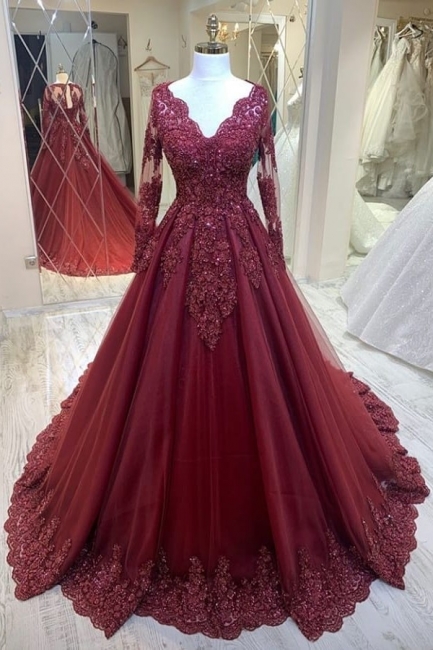 Charming V-neck Appliques Lace Tulle A-Line Prom Dress With Long Sleeves
