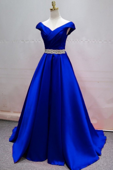Stylish Off-the-shoulder Satin A-line Ruffles Evening Prom Dress With Crystal Belt