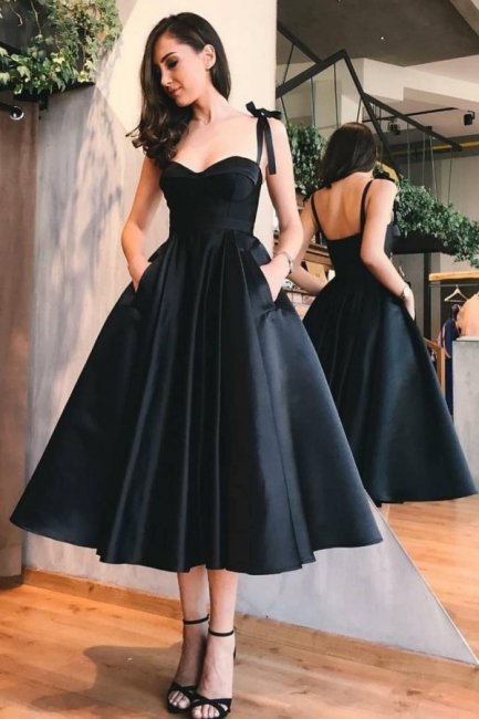 Vintage Black Spaghetti Straps Sweetheart Tea-length A-Line Prom Dress With Pockets