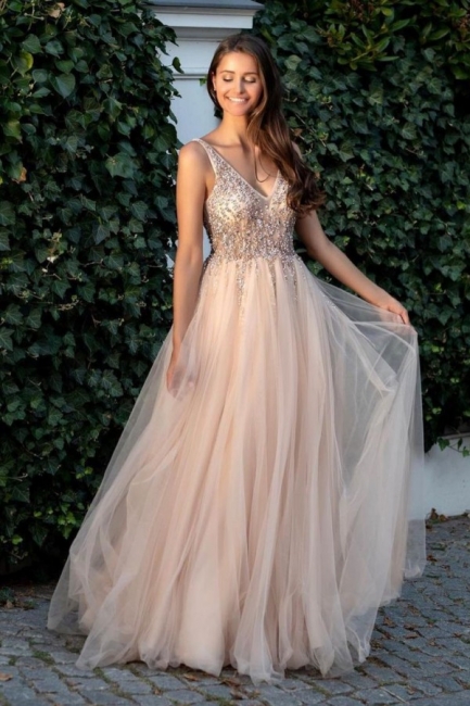 Romantic V-neck A-line Tulle Backless Evening Swing Dress With Sequins