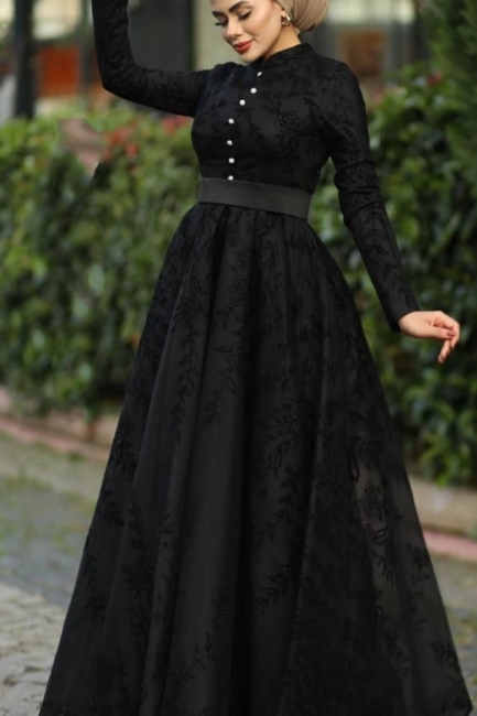 Black High Neck Long Sleeves Appliques Lace A-line Prom Dress With Belt