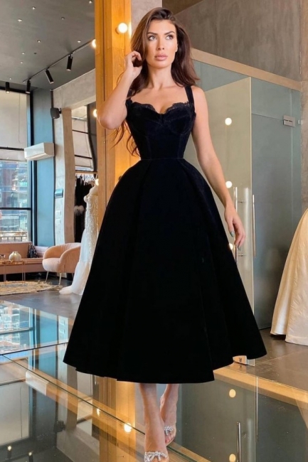 Black Spaghetti Straps Sweetheart Prom Dress Ankle Length A-Line Cocktail Dress