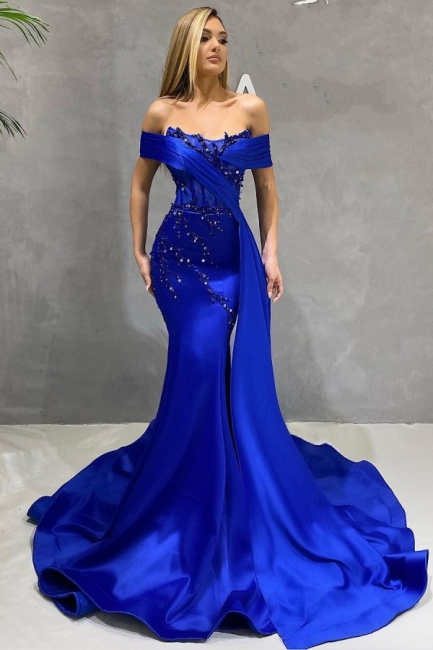 Amazing Royal Blue Off-the-shoulder Beading Mermaid Prom Dress With Side Train