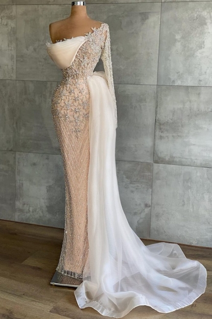 Charming One Shoulder Long Sleeve Mermaid Appliques Prom Dress With Side Train