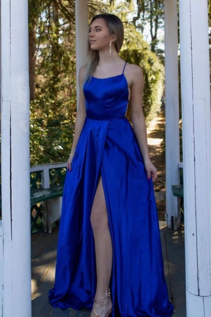 Elegant Royal Blue Spaghetti Straps A-Line Prom Dress With Side Slit Pockets