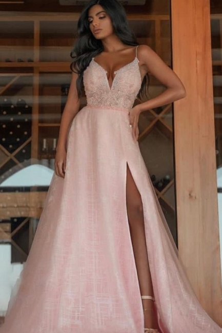 Sexy Spaghetti Straps V-neck A-Line Tulle Evening Prom Dress With Side Split