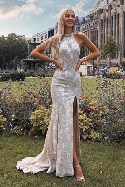 Attractive Halter Floral lace Floor-length Mermaid Evening Dress With Side Slit