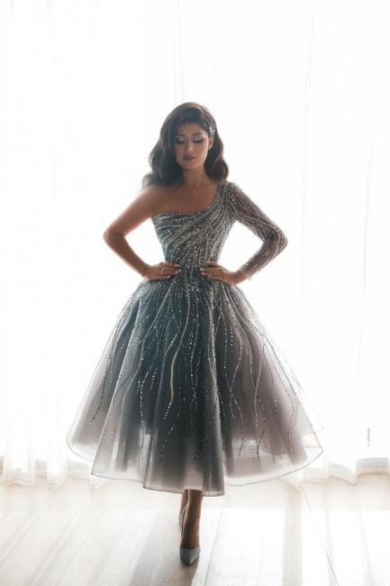 Stunning One Shoulder Sequins Beading A-Line Ankle-length Tulle Prom Dress