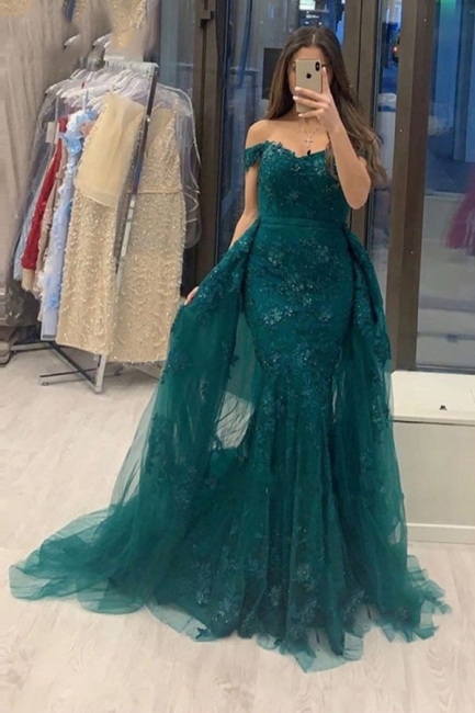 Elegant Off-the-shoulder Tulle Appliques Lace Mermaid Prom Gown With Detachable Train