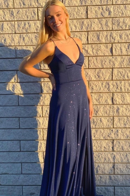 Shiny Spaghetti Straps V-neck Glitter Sequins A-Line Backless Prom Dress