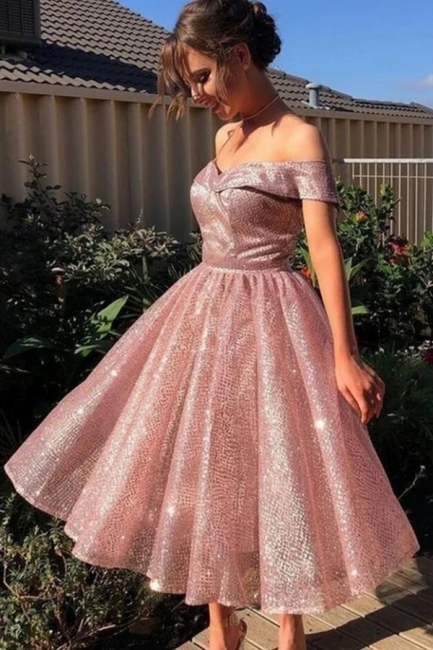 Sparkly Off-the-shoulder Sequins A-Line Ankle-length Prom Dress With Ruffles