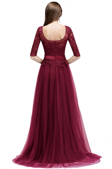 NANA | A-line Half Sleeves Floor Length Slit Appliqued Tulle Prom Dresses with Sash