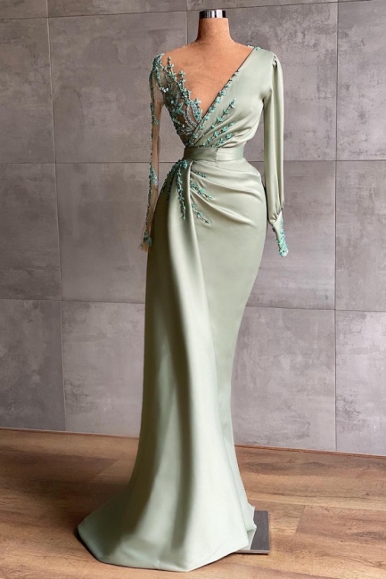 Vintage V-neck Long Sleeve Mermaid Prom Dress With 3D Floral Ruched